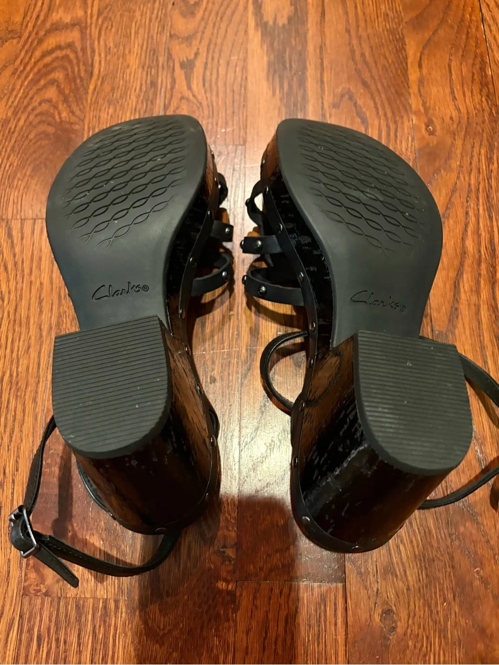 Clarks Black Studded Platform Sandals with Ankle Strap